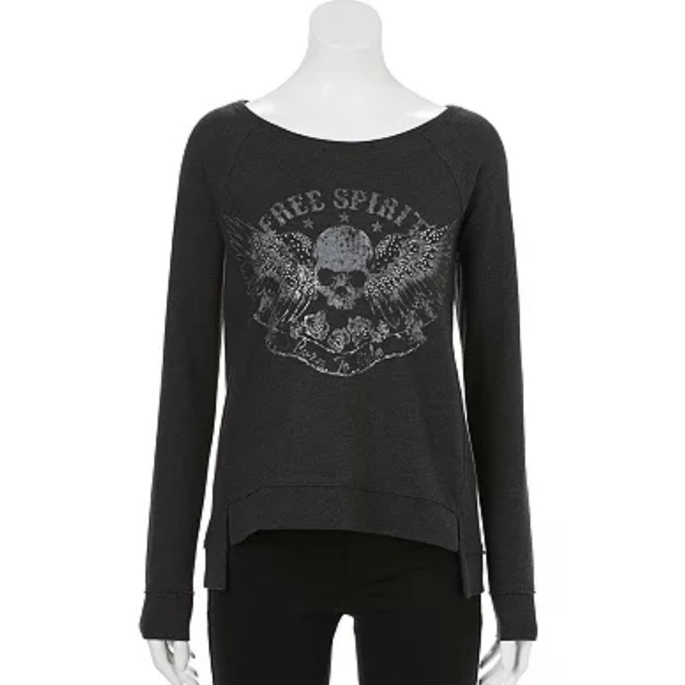 Rock & Republic Sweatshirt Free Spirit Born To Ride Winged Skull Gray Medium